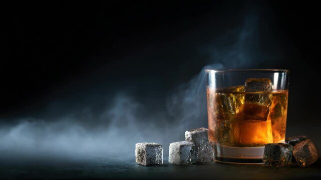 Whiskey in a glass with ice and smoke.