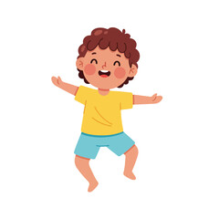 This is a colorful vector illustration of a happy little boy with curly brown hair, wearing a yellow shirt and blue shorts, jumping with joy.