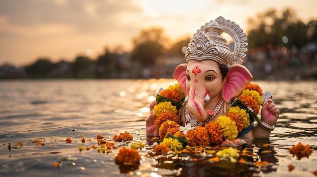 Lord Ganesha Idol Immersion with Marigold Flowers During Ganesh Visarjan Festival Greeting Banner