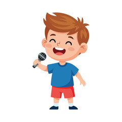 A cheerful cartoon illustration of a young boy with brown hair singing joyfully into a microphone while wearing a blue shirt and red shorts.