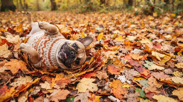 Playful French bulldog in knitted clothes rolling in autumn forest leaves ideal for lifestyle blog and social media marketing. Funny Frenchie dog lying on its back showing tongue among dry foliage