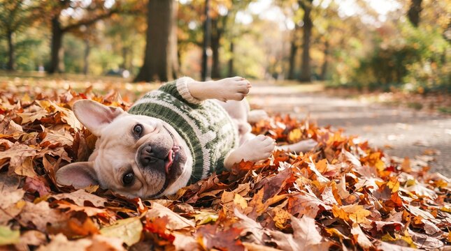 Cute French bulldog wearing cozy warm sweater lying on back in autumn leaves in park for pet store promotional campaign. Adorable funny dog playing in fallen yellow maple foliage during autumn walk