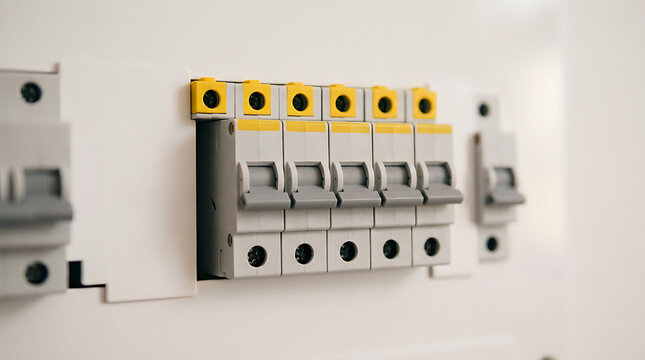 Automatic circuit breakers on electrical panel for power distribution and safety