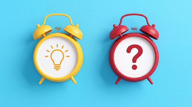 Yellow alarm clock with lightbulb icon beside red clock with background representing conceptual