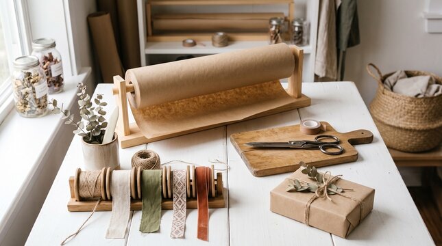 Eco friendly craft gift wrapping workspace with kraft paper roll and ribbons. Cozy creative workshop table with sustainable present packaging tools and decor. Handmade gift wrapping station 