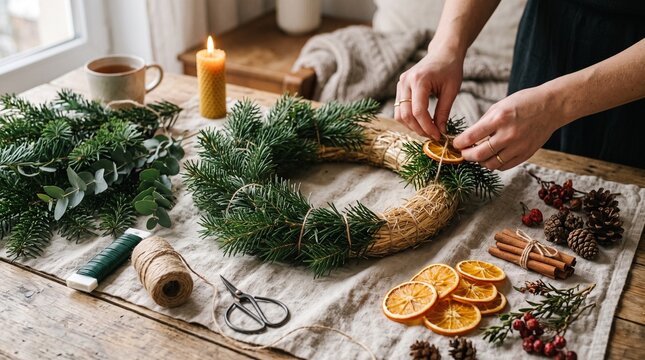 Person making handmade Christmas wreath with pine branches dried orange slices and cinnamon sticks on rustic wooden table step by step. Sustainable zero waste Christmas decoration process