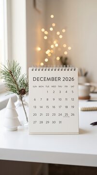 Minimalist desk calendar displays December 2026 on a clean white desk. Green pine branch in a glass vase adds a subtle winter feel. Soft bokeh lights glow gently in the background.