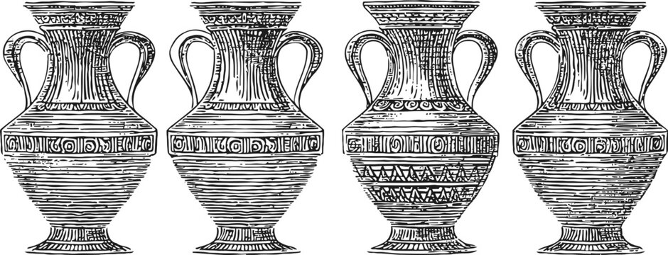 Ancient greek amphorae set with detailed ornamental patterns and dual handles