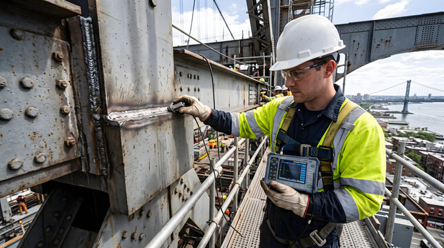Male engineer in white hard hat and high visibility vest inspecting steel bridge structure with digital testing device.