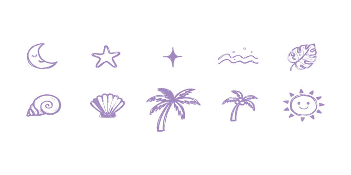 Set of cute summer beach icons with purple hand drawn doodle sketches of palm trees shells sun and fruit