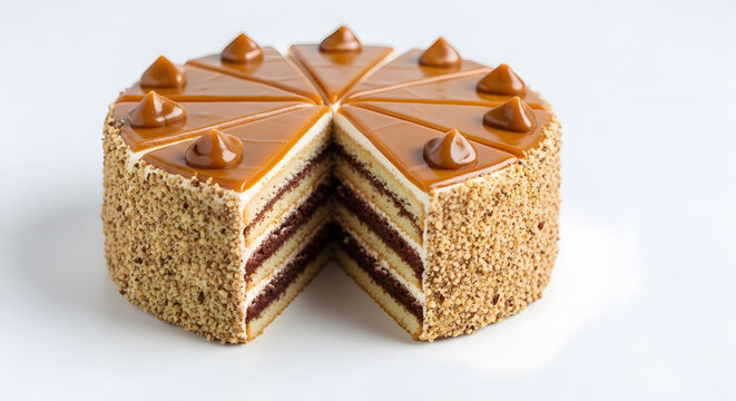 Popular Hungarian cake known as dobosh. A sponge cake with chocolate and hazelnut featuring hardened caramel glazing. Hungarian food, European dessert, banners, headers, menu ideas