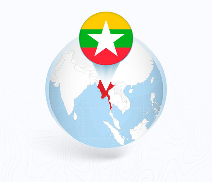 Myanmar Map with Round Myanmar Flag Pin Pointer on Circular Globe.