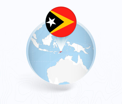 East Timor Map with Round East Timor Flag Pin Pointer on Circular Globe.