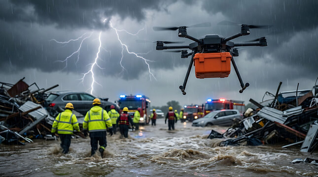 Rescue Drone Delivering Emergency Supplies Over Flooded Area During Storm