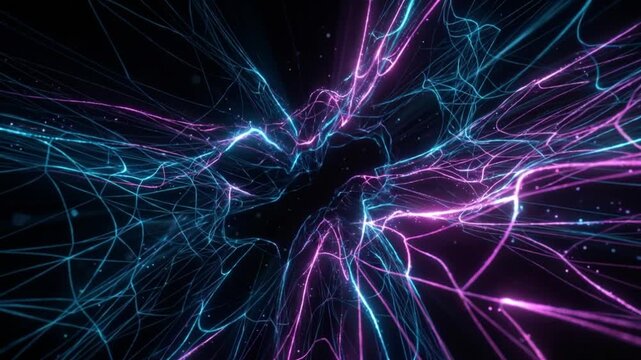 漆黒の宇宙空間でシアンとマゼンタのネットワークメッシュが拡大する抽象的な背景