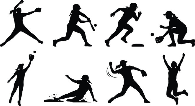 Women's Softball Player Action Silhouette Vector Set Featuring Pitching Batting Running Sliding Catching and Celebration Poses