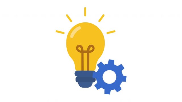 Flat vector animation of glowing light bulb with settings gear, creative idea, innovation, and business solution concept.