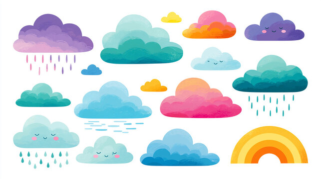 Colorful illustrated clouds with various expressions and a bright rainbow.