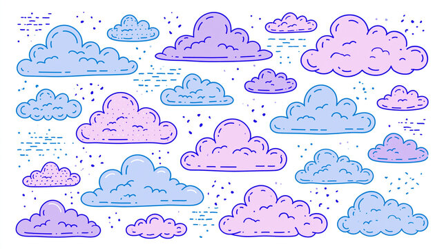 Variety of whimsical clouds in pastel purple and blue tones on a light background.