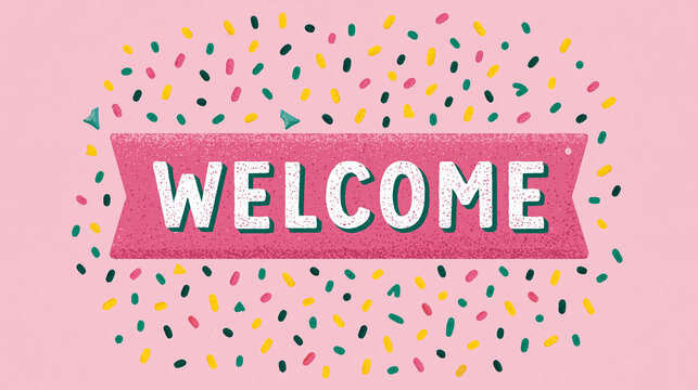 Vibrant 'Welcome' graphic with playful confetti on a pastel pink background.