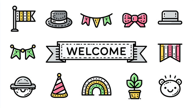 Colorful welcome banner with festive elements like hats, bows, and plants.