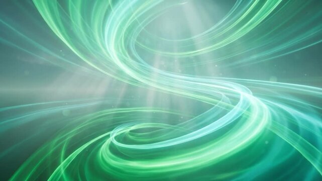エメラルドグリーンとアクアの螺旋状の光の帯が優雅に流れる宇宙空間の抽象的な背景