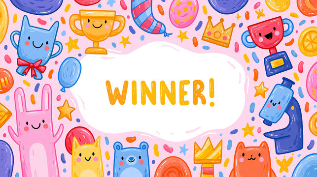 Colorful celebration theme with animated characters and awards, perfect for winners.