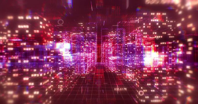AI controlled smart city with glowing technology icons and digital wireframe overlay. Technology Related 3D Animation.