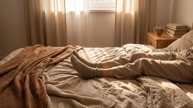 Warm socks relaxing in cozy bed National Wiggle Your Toes Day theme