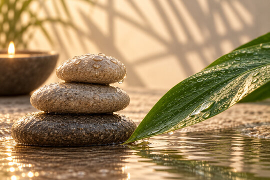 Gestapelte Wellnesssteine mit Handtuch und Wasserschale im warmen Sonnenlicht. Ruhiges Spa-Motiv zu Entspannung, Massage, Meditation, Achtsamkeit und nat&uuml;rlicher Harmonie.