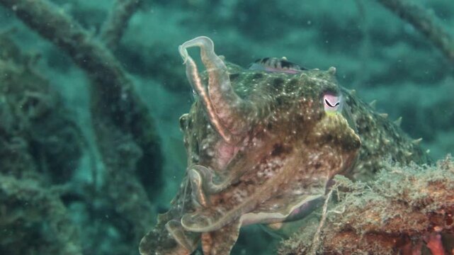 4K close-up footage of a cuttlefish displaying natural camouflage on a coral reef in Raja Ampat, Indonesia. Stunning tropical marine wildlife.