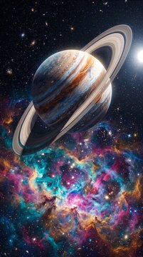 A breathtaking cosmic scene featuring saturn enveloped by vibrant nebulae and twinkling stars in the vastness of deep space