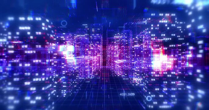 Futuristic Smart City with AI Data Networks Overlaying Skyscraper Buildings. Technology Related 3D Animation.