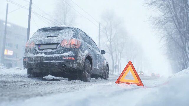 An orange warning sign on a snow-covered road with an SUV driving past it