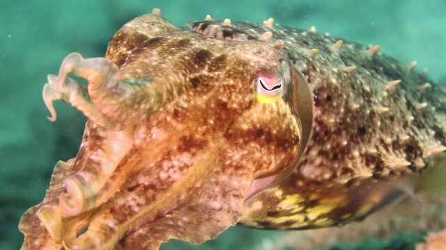4K close-up footage of a cuttlefish displaying natural camouflage on a coral reef in Raja Ampat, Indonesia. Stunning tropical marine wildlife.
