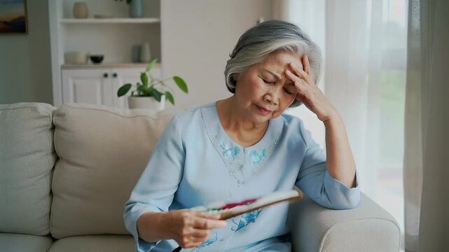 Elderly woman uses a fan in her home to cope with the heat during a summer heatwave