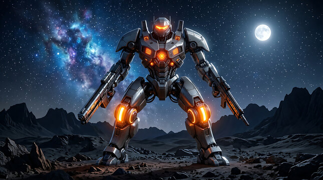 Giant futuristic mech robot standing on an alien desert planet surface under starry night sky