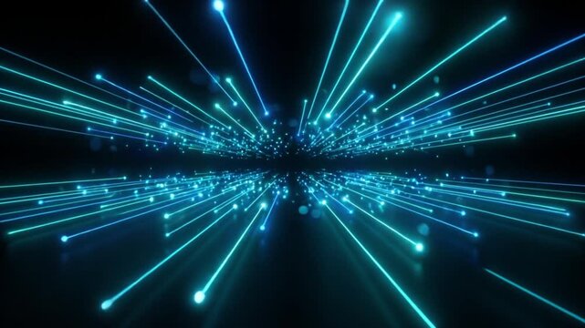 漆黒の宇宙空間でシアンブルーの幾何学的な光の線とノードが高速で放射・拡大する背景
