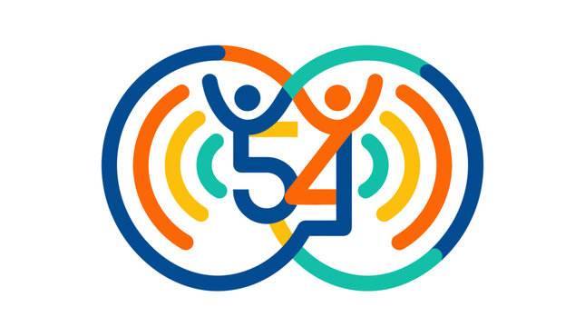 Modern vector illustration of community figures integrated with number fifty four and network waves
