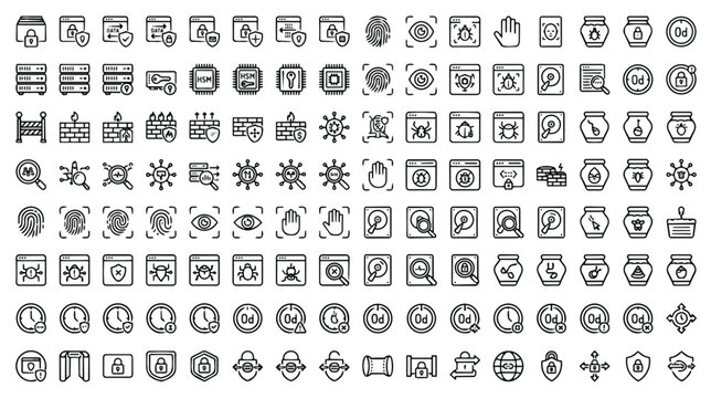 Cyber security line icons set, 112 thin stroke vector symbols for data protection, network safety and privacy interface design