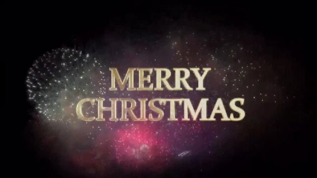 Animation golden text MERRY CHRISTMAS with firework on black background.
