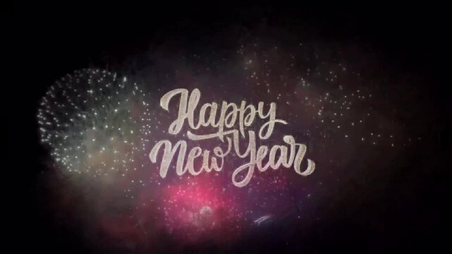 Animation text Happy new year with firework on black background.