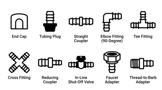 Set of plastic irrigation tubing fittings and water pipe connectors with pipe fitting water connector shut off valve