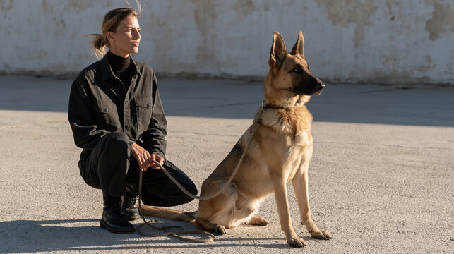 A weathered dog trainer works a German shepherd through obedience drills in a sun-baked concrete yard, sweat on her brow, leash taut, the dog mid-sit, discipline and focus