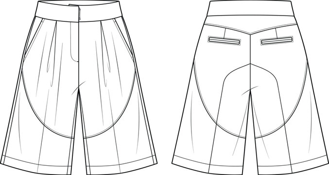 Women's Wide Leg Culotte Shorts Technical Fashion CAD Flat Sketch Front and Back
