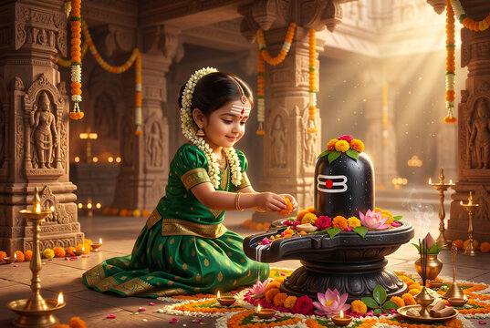 Maha Shivaratri celebration with young Indian girl worshipping sacred Shiva Lingam