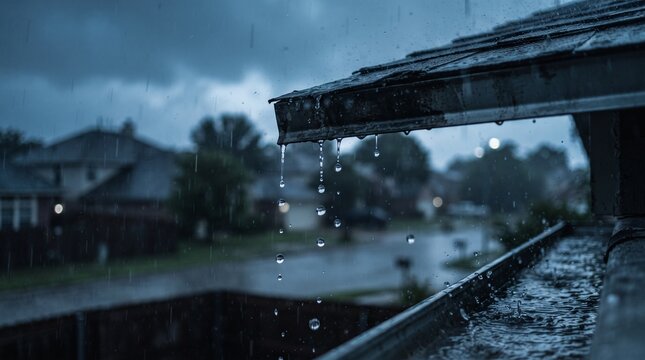 Raindrops falling from a gutter on a cloudy day.
