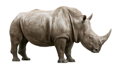 Naklejka premium Gray rhinoceros with large horn on white