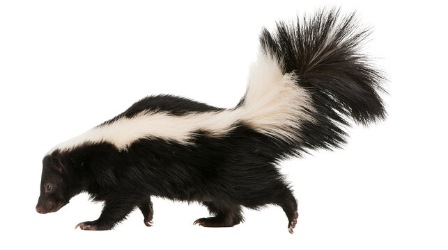 Black and white striped skunk walking with bushy tail raised