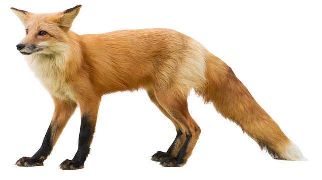 Red fox with bushy tail and black legs standing